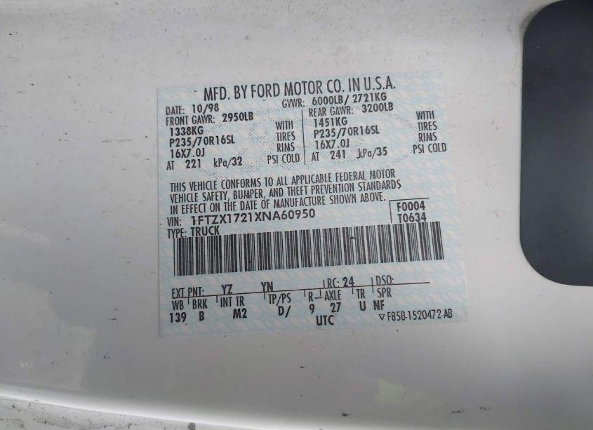 Photo 9 of 1999 Ford F-150 WORK SERIES/XL/XLT (VIN 1FTZX1721XNA60950)