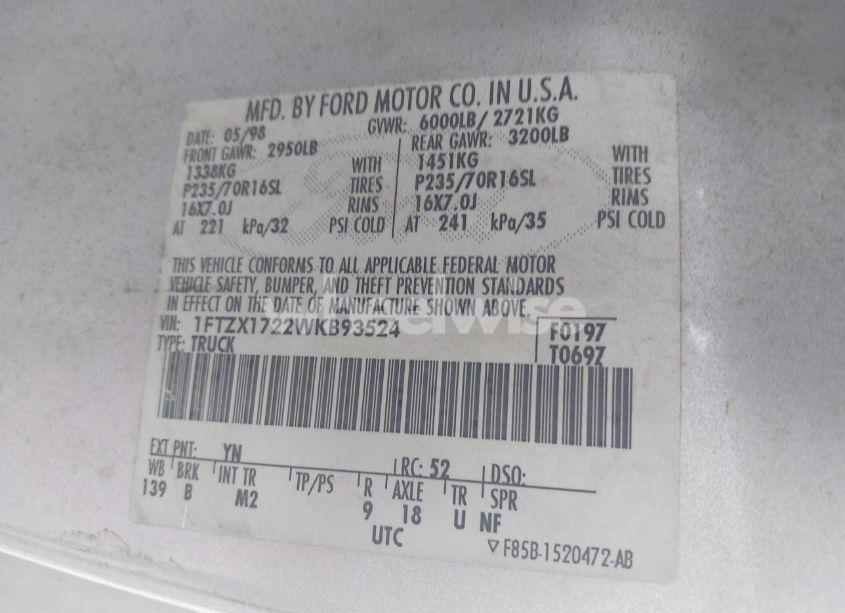 Photo 9 of 1998 Ford F-150 STANDARD/XL/XLT (VIN 1FTZX1722WKB93524)