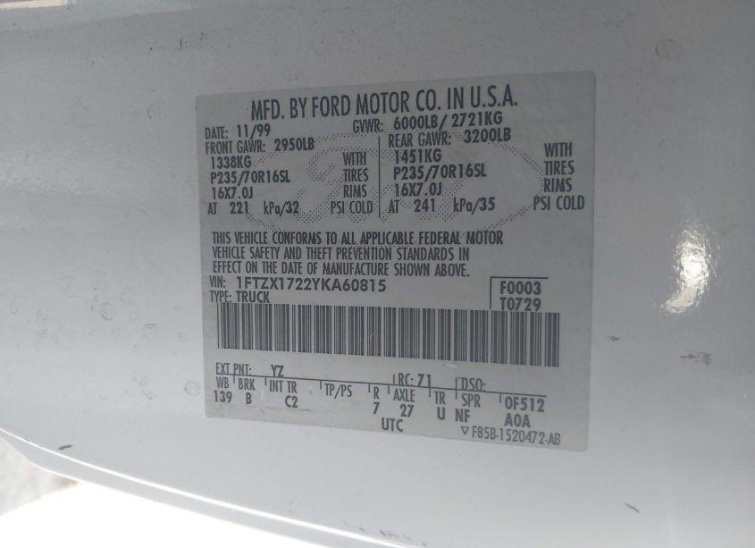 Photo 9 of 2000 Ford F-150 WORK SERIES/XL/XLT (VIN 1FTZX1722YKA60815)