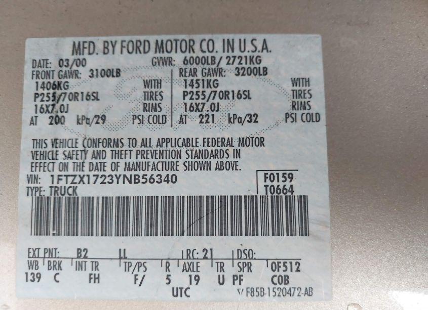 Photo 9 of 2000 Ford F-150 WORK SERIES/XL/XLT (VIN 1FTZX1723YNB56340)