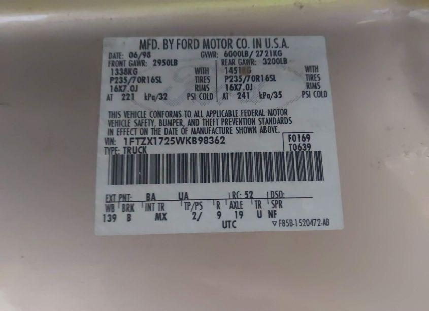 Photo 9 of 1998 Ford F-150 STANDARD/XL/XLT (VIN 1FTZX1725WKB98362)