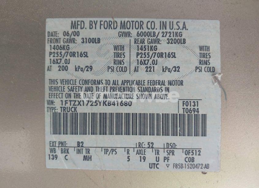 Photo 9 of 2000 Ford F-150 WORK SERIES/XL/XLT (VIN 1FTZX1725YKB41680)