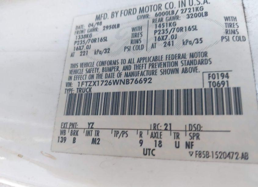 Photo 9 of 1998 Ford F-150 STANDARD/XL/XLT (VIN 1FTZX1726WNB76692)