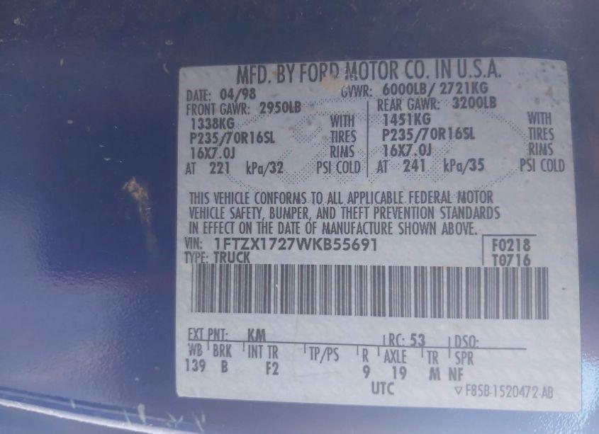 Photo 9 of 1998 Ford F-150 STANDARD/XL/XLT (VIN 1FTZX1727WKB55691)