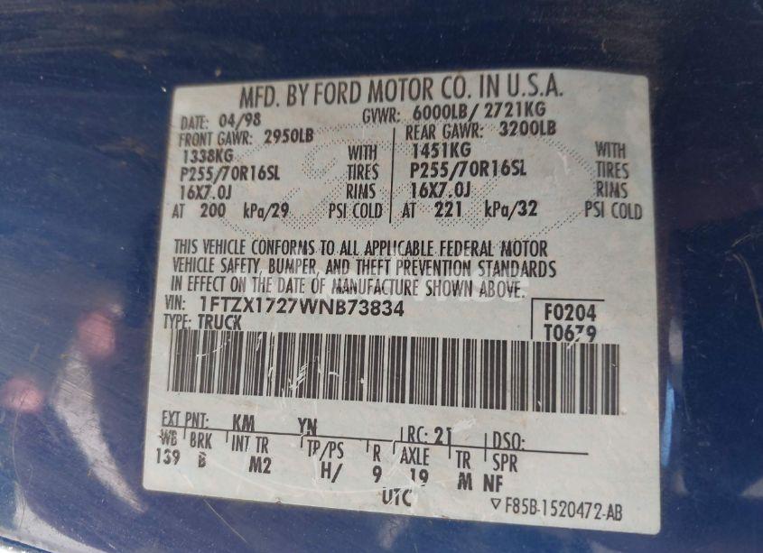 Photo 9 of 1998 Ford F-150 STANDARD/XL/XLT (VIN 1FTZX1727WNB73834)