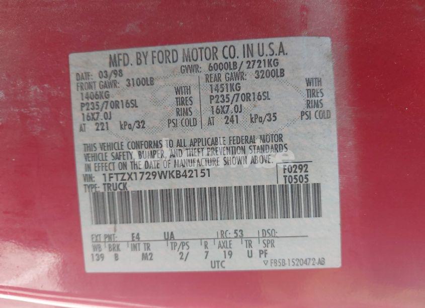 Photo 9 of 1998 Ford F-150 STANDARD/XL/XLT (VIN 1FTZX1729WKB42151)