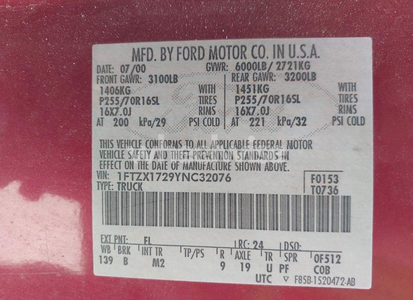 Photo 9 of 2000 Ford F-150 WORK SERIES/XL/XLT (VIN 1FTZX1729YNC32076)