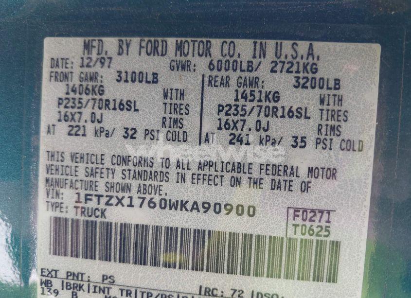 Photo 9 of 1998 Ford F-150 LARIAT/STANDARD/XL/XLT (VIN 1FTZX1760WKA90900)