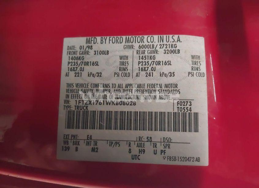 Photo 9 of 1998 Ford F-150 LARIAT/STANDARD/XL/XLT (VIN 1FTZX1761WKB08028)