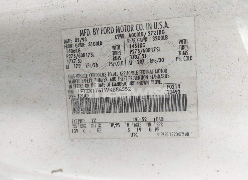 Photo 9 of 1998 Ford F-150 LARIAT/STANDARD/XL/XLT (VIN 1FTZX1761WKB86552)