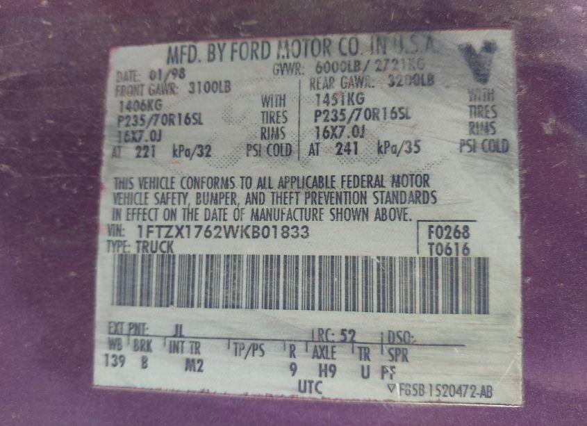 Photo 9 of 1998 Ford F-150 LARIAT/STANDARD/XL/XLT (VIN 1FTZX1762WKB01833)