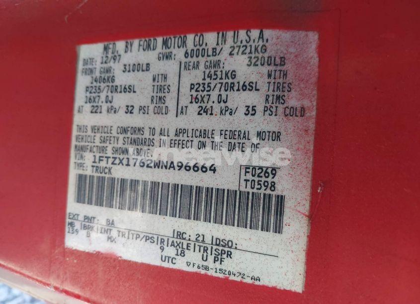 Photo 9 of 1998 Ford F-150 LARIAT/STANDARD/XL/XLT (VIN 1FTZX1762WNA96664)