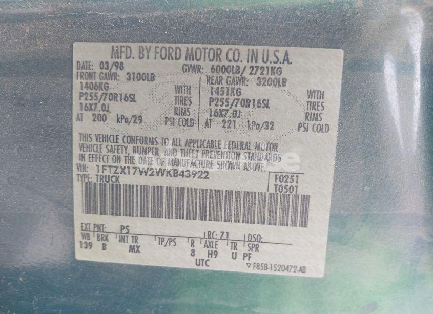 Photo 9 of 1998 Ford F-150 LARIAT/STANDARD/XL/XLT (VIN 1FTZX17W2WKB43922)