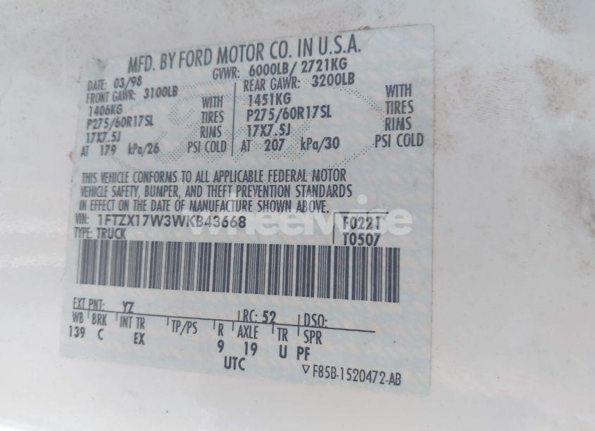 Photo 9 of 1998 Ford F-150 LARIAT/STANDARD/XL/XLT (VIN 1FTZX17W3WKB43668)