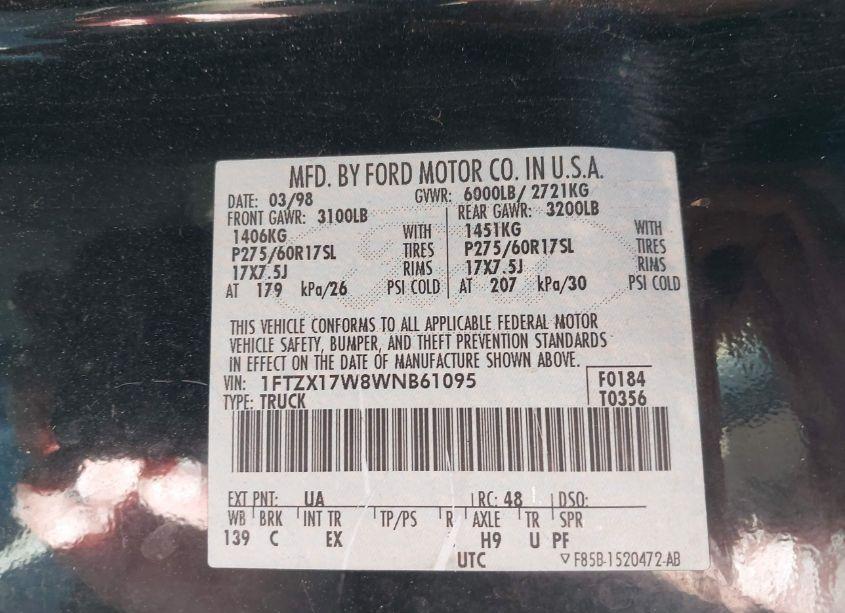 Photo 9 of 1998 Ford F-150 LARIAT/STANDARD/XL/XLT (VIN 1FTZX17W8WNB61095)