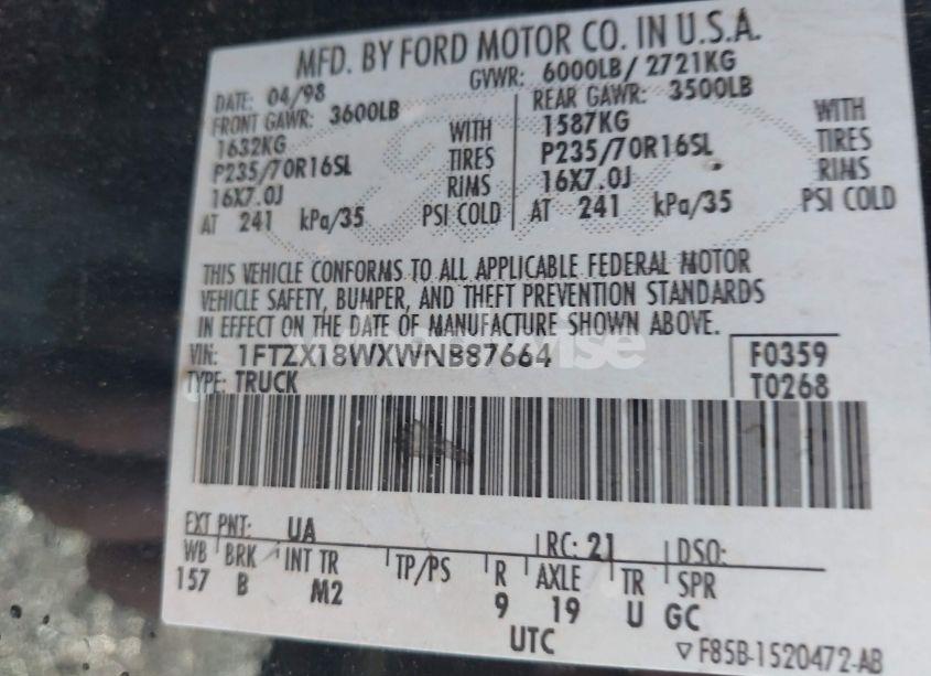 Photo 9 of 1998 Ford F-150 LARIAT/STANDARD/XL/XLT (VIN 1FTZX18WXWNB87664)