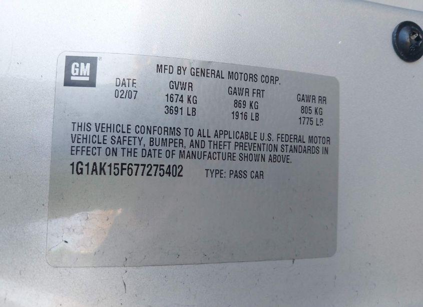 Photo 9 of 2007 Chevrolet Cobalt LS (VIN 1G1AK15F677275402)