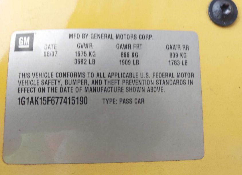 Photo 9 of 2007 Chevrolet Cobalt LS (VIN 1G1AK15F677415190)