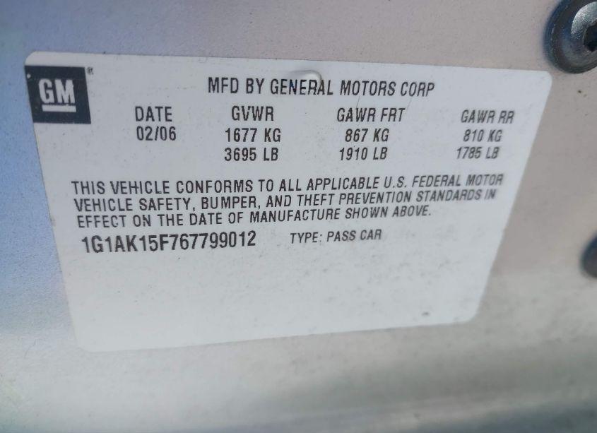 Photo 9 of 2006 Chevrolet Cobalt LS (VIN 1G1AK15F767799012)