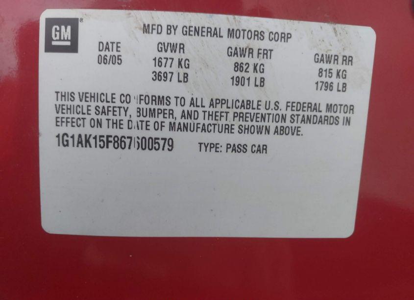 Photo 9 of 2006 Chevrolet Cobalt LS (VIN 1G1AK15F867600579)