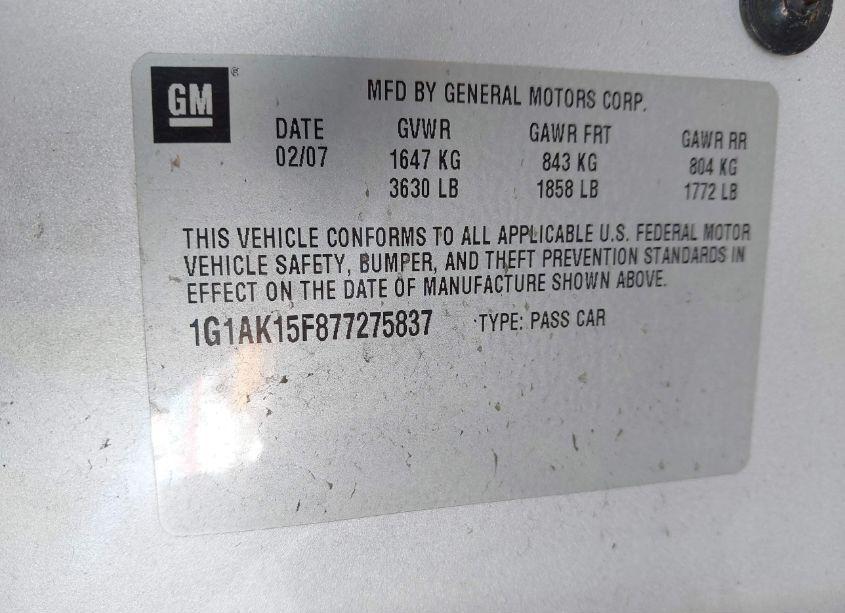 Photo 9 of 2007 Chevrolet Cobalt LS (VIN 1G1AK15F877275837)