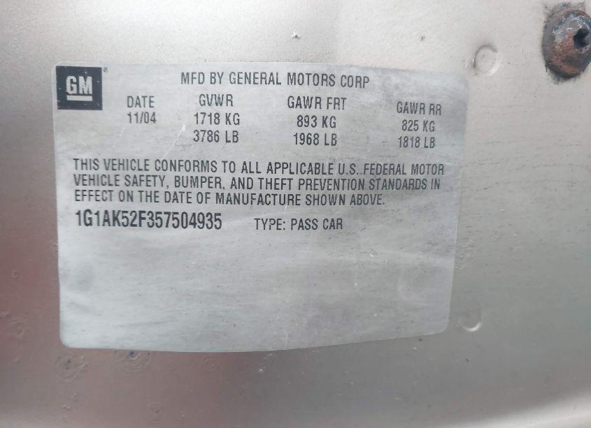 Photo 9 of 2005 Chevrolet Cobalt (VIN 1G1AK52F357504935)