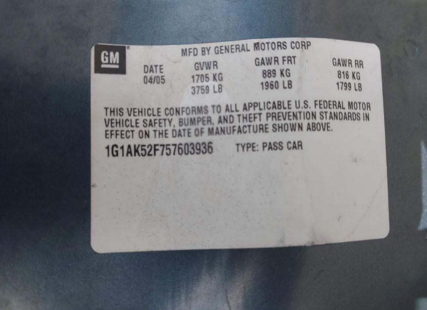 Photo 9 of 2005 Chevrolet Cobalt (VIN 1G1AK52F757603936)