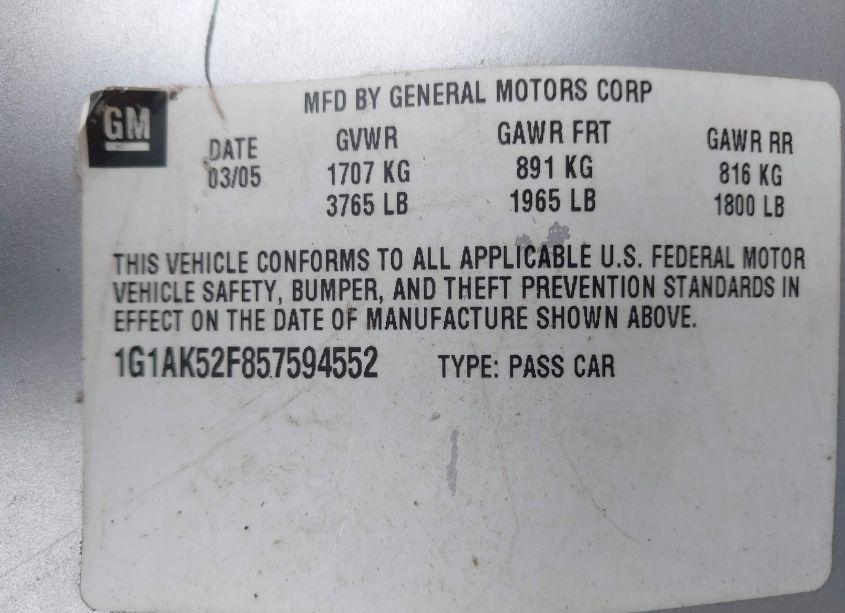 Photo 9 of 2005 Chevrolet Cobalt (VIN 1G1AK52F857594552)