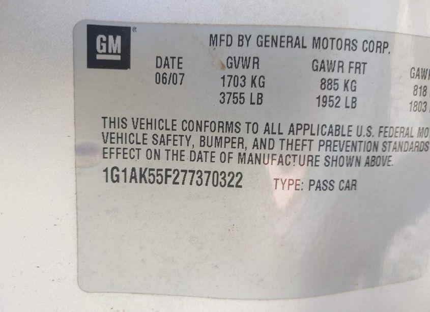 Photo 9 of 2007 Chevrolet Cobalt LS (VIN 1G1AK55F277370322)