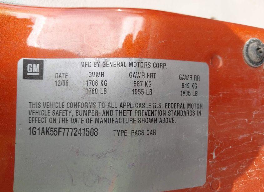 Photo 9 of 2007 Chevrolet Cobalt LS (VIN 1G1AK55F777241508)