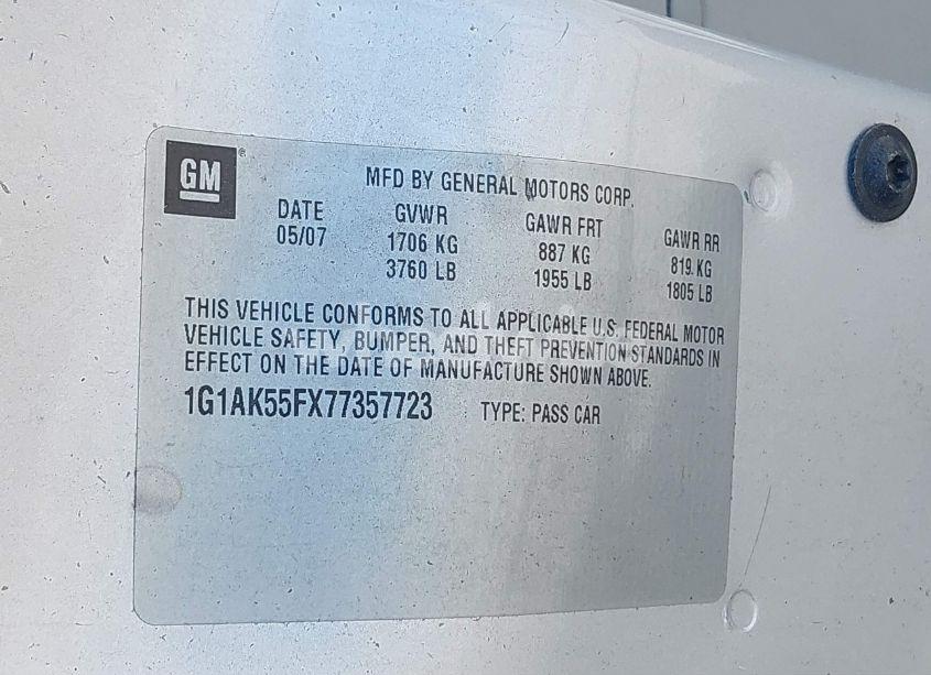 Photo 9 of 2007 Chevrolet Cobalt LS (VIN 1G1AK55FX77357723)