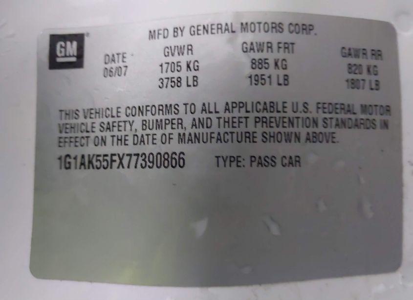 Photo 9 of 2007 Chevrolet Cobalt LS (VIN 1G1AK55FX77390866)