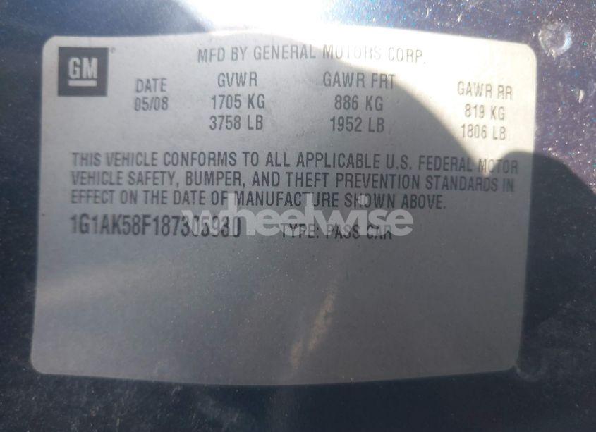 Photo 9 of 2008 Chevrolet Cobalt LS (VIN 1G1AK58F187305930)