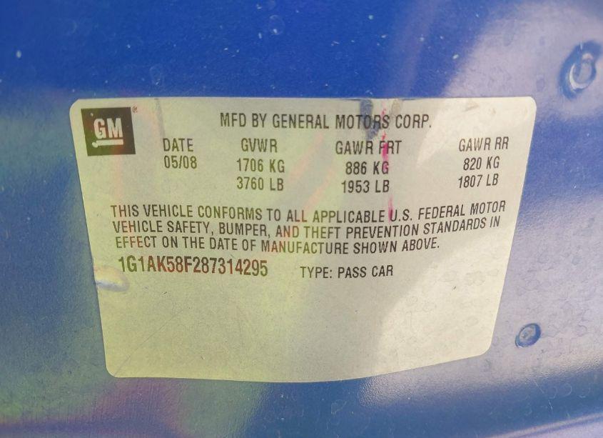 Photo 9 of 2008 Chevrolet Cobalt LS (VIN 1G1AK58F287314295)