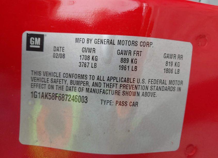 Photo 9 of 2008 Chevrolet Cobalt LS (VIN 1G1AK58F687246003)