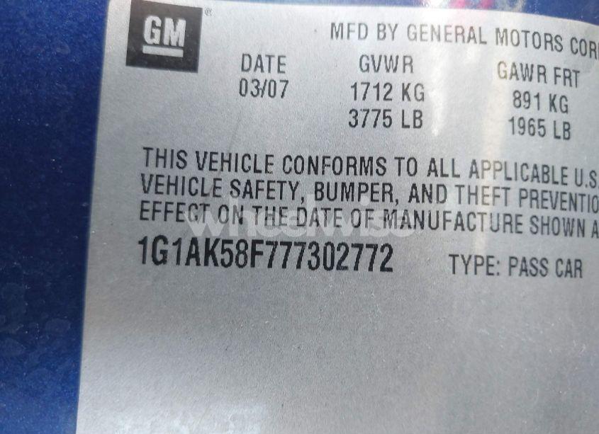 Photo 9 of 2007 Chevrolet Cobalt LS (VIN 1G1AK58F777302772)