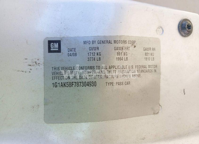 Photo 9 of 2008 Chevrolet Cobalt LS (VIN 1G1AK58F787304930)