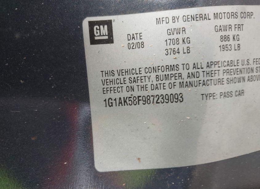Photo 9 of 2008 Chevrolet Cobalt LS (VIN 1G1AK58F987239093)