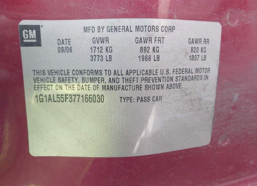 Photo 9 of 2007 Chevrolet Cobalt LT (VIN 1G1AL55F377166030)