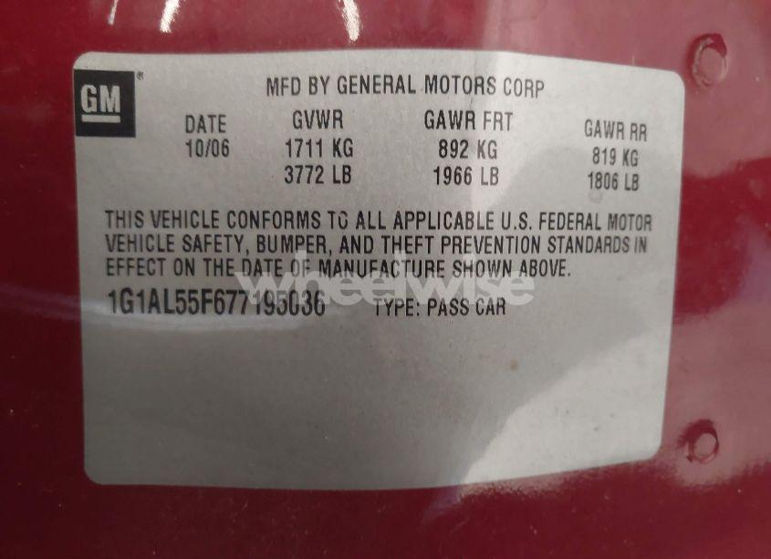 Photo 9 of 2007 Chevrolet Cobalt LT (VIN 1G1AL55F677195036)