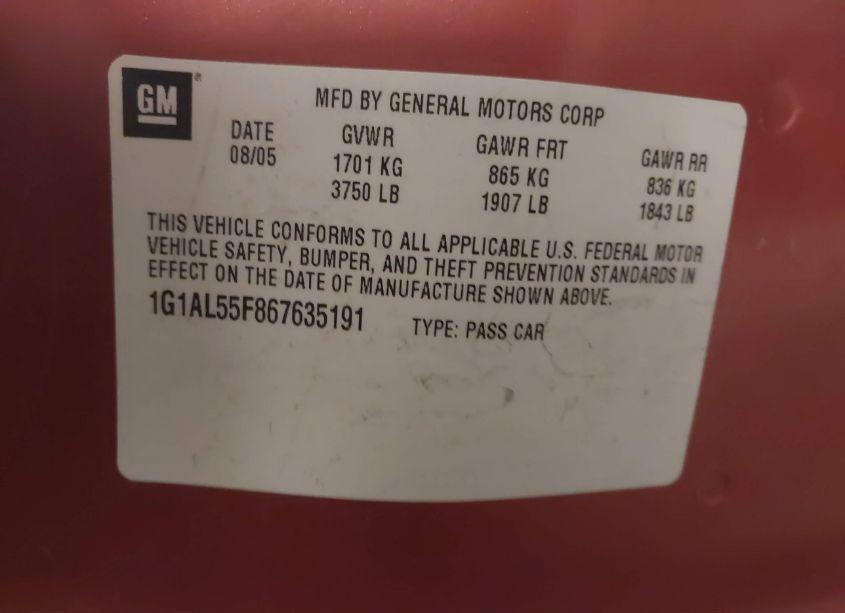 Photo 9 of 2006 Chevrolet Cobalt LT (VIN 1G1AL55F867635191)