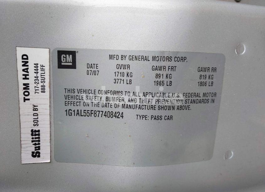 Photo 9 of 2007 Chevrolet Cobalt LT (VIN 1G1AL55F877408424)