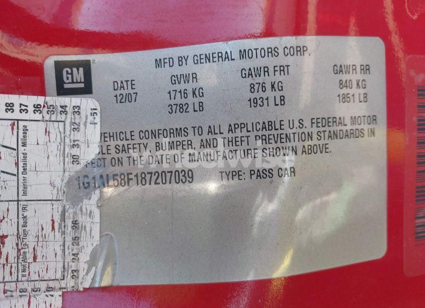 Photo 9 of 2008 Chevrolet Cobalt LT (VIN 1G1AL58F187207039)