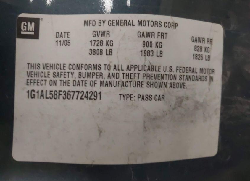 Photo 9 of 2006 Chevrolet Cobalt LT (VIN 1G1AL58F367724291)