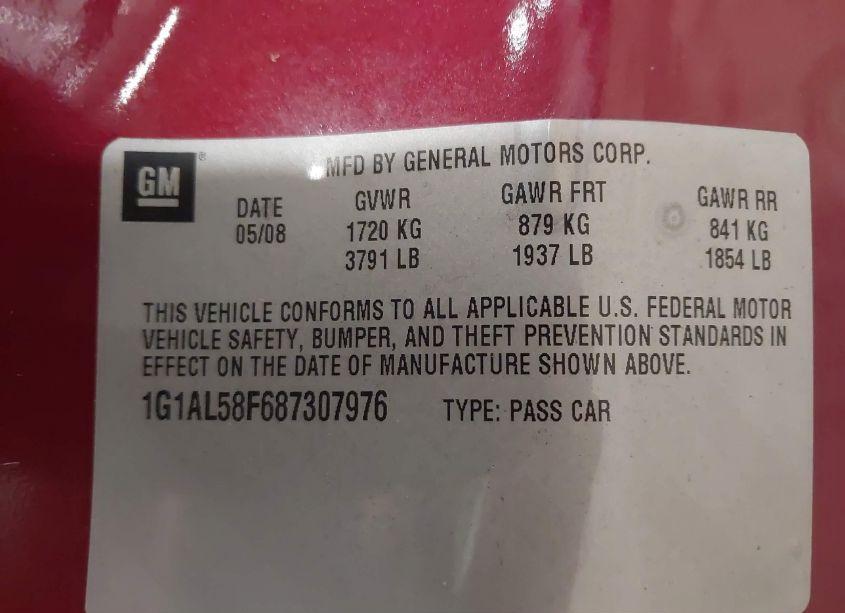 Photo 9 of 2008 Chevrolet Cobalt LT (VIN 1G1AL58F687307976)