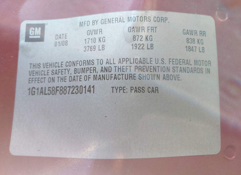 Photo 9 of 2008 Chevrolet Cobalt LT (VIN 1G1AL58F887230141)