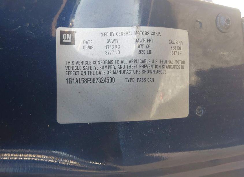 Photo 9 of 2008 Chevrolet Cobalt LT (VIN 1G1AL58F987324500)