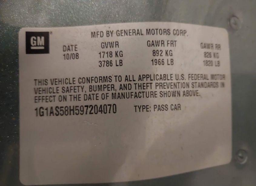 Photo 9 of 2009 Chevrolet Cobalt LS (VIN 1G1AS58H597204070)