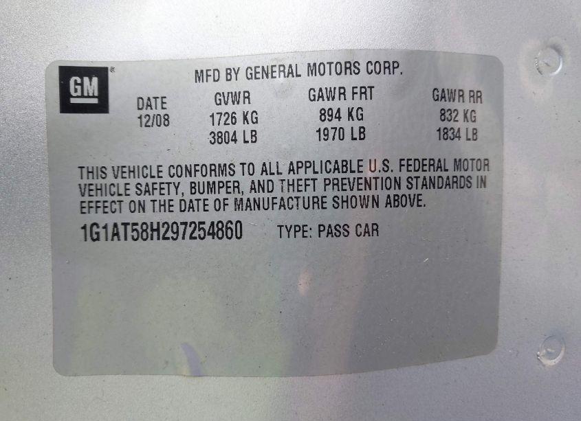 Photo 9 of 2009 Chevrolet Cobalt LT W/1LT (VIN 1G1AT58H297254860)