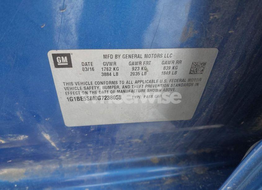Photo 9 of 2016 Chevrolet Cruze LT AUTO (VIN 1G1BE5SM0G7238058)